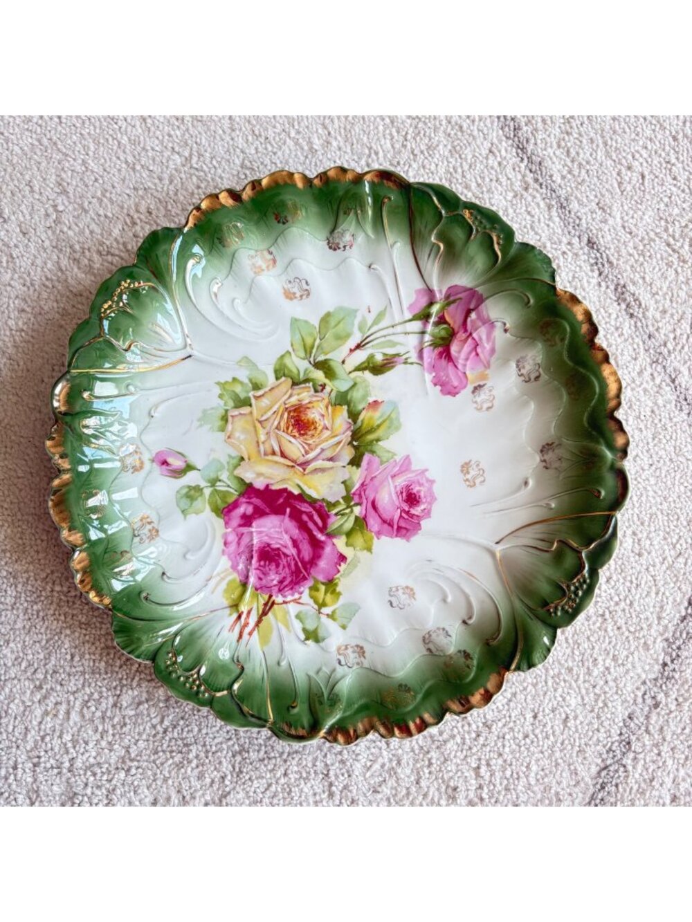 Vintage German Porcelain Floral Cabinet Plate Green Gold Roses 12” Decorative